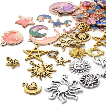 170Pcs Jewelry Celestial Charm Pendants, Assorted Gold Plated Enamel Moon Star Charms, Mixed Styles Alloy Sun Moon Star Charms Pendants DIY for Bracelet Necklace Earring Jewelry Making and Crafting