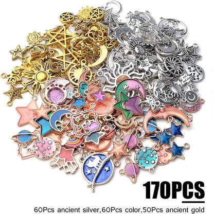 170Pcs Jewelry Celestial Charm Pendants, Assorted Gold Plated Enamel Moon Star Charms, Mixed Styles Alloy Sun Moon Star Charms Pendants DIY for Bracelet Necklace Earring Jewelry Making and Crafting