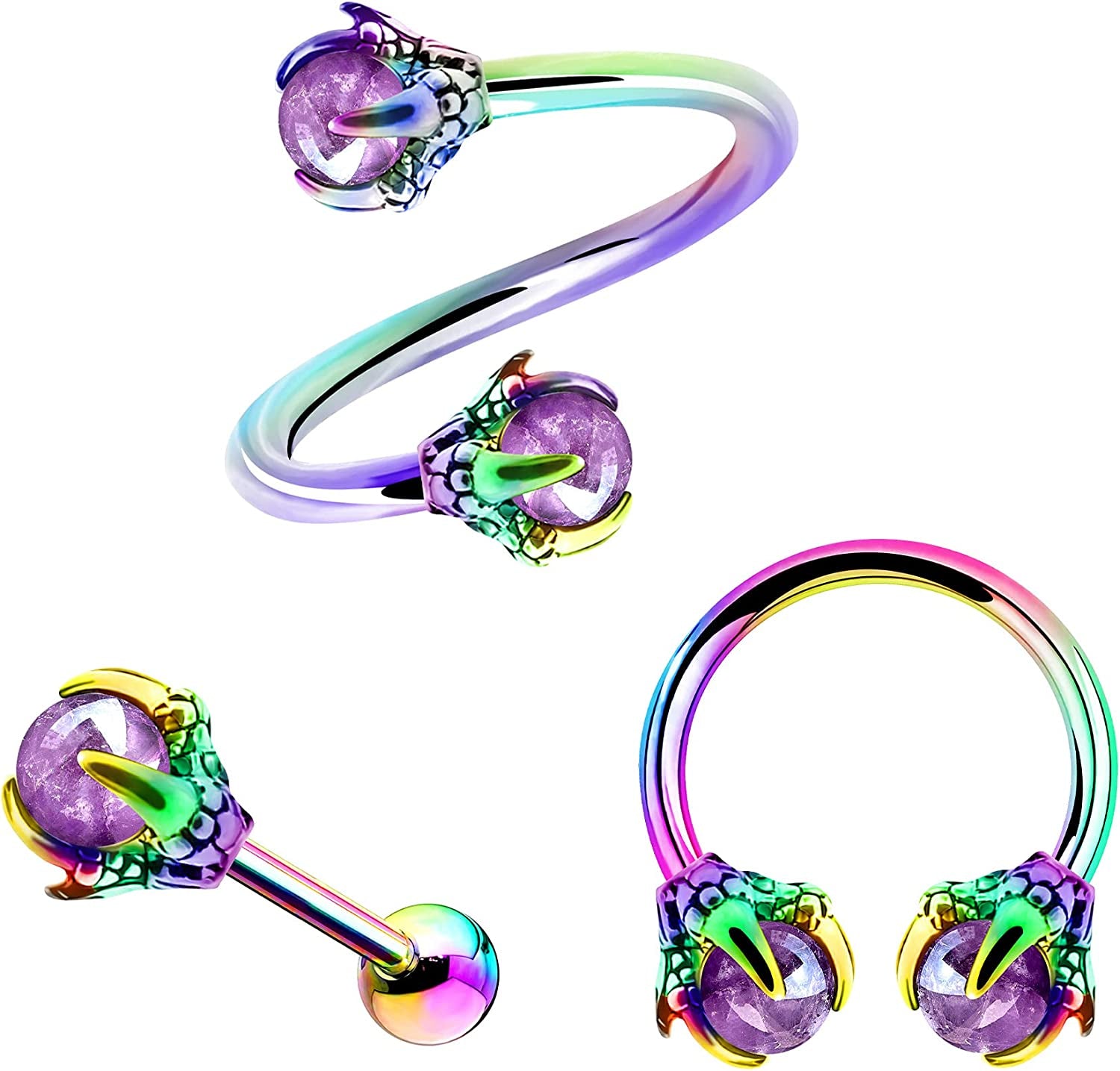 OUFER 3PCS Cartilage Earrings, 316L Surgical Steel Mixed Earrings with Dragon Claw Twist Helix Earring Ear Body Piercing Jewelry Tragus Earring Apparel & Accessories > Jewelry > Earrings OUFER Rainbow with Amethyst Stone  