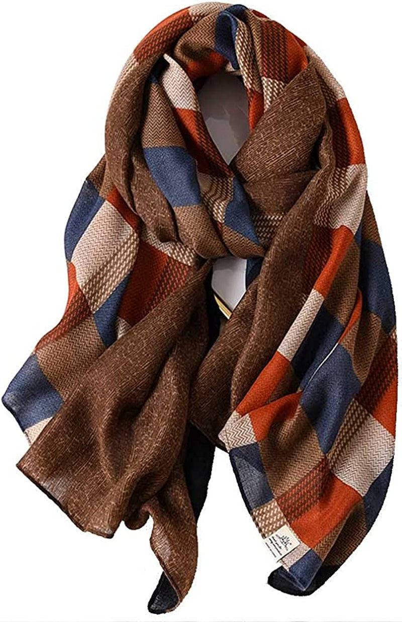 First Choose Cotton Linen Feeling Women Large Long Scarf Shawl Check Style Sunscreen Shawls Wraps Lightweight Pattern Apparel & Accessories > Clothing Accessories > Scarves & Shawls First Choose Coffee-blue  