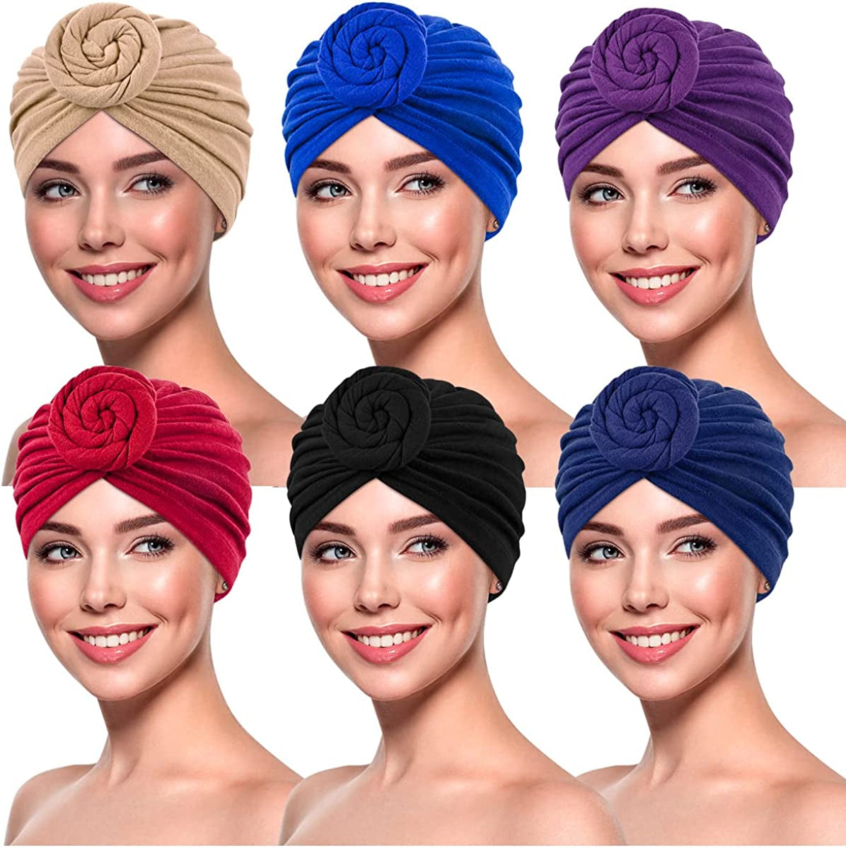 Women Turbans and Head Wraps,Skull-Caps,African Turban Flower Knot Pre-Tied Bonnet Beanie Cap for Women Apparel & Accessories > Clothing Accessories > Headwear DANMY Blue/Purple/Black/Khaki/Navy/Red-6pcs Large 