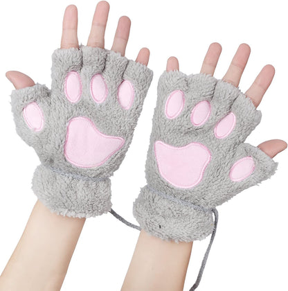 Odema Womens Bear Plush Cat Paw Claw Glove Soft Winter Fingerless Mitten Gloves Apparel & Accessories > Clothing Accessories > Gloves & Mittens Odema Gray  