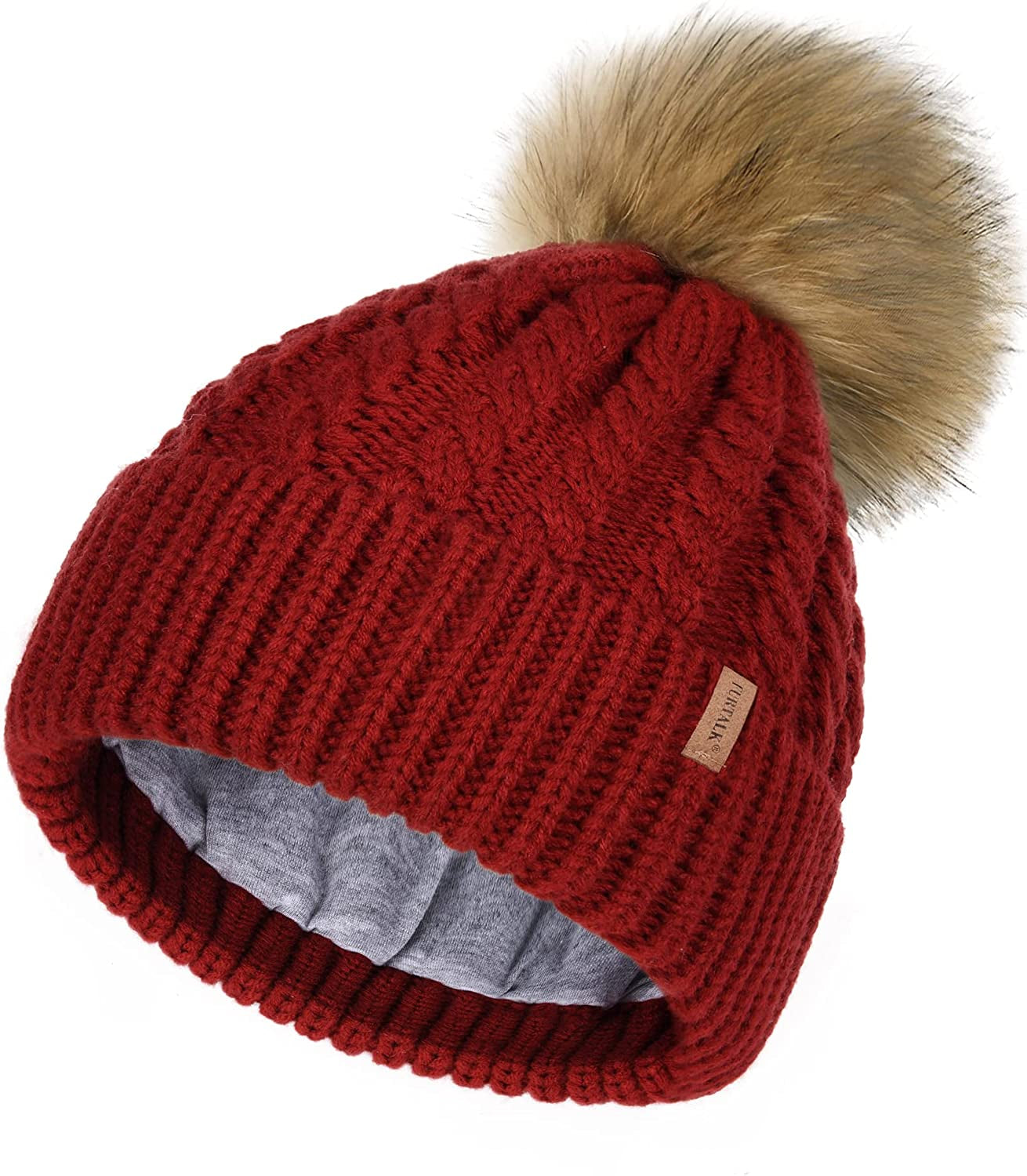 FURTALK Winter Beanie Hat for Women Cotton Lined Faux Fur Pom Pom Hats Womens Warm Thick Knit Skull Cap Apparel & Accessories > Clothing Accessories > Hats KYLIE MAX 09 Wine Red One Size 