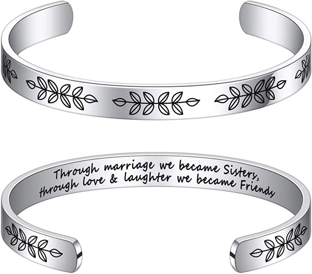 M MOOHAM Bracelets for Women- Engraved Quote Inspirational Bracelet Birthday Christmas Funny Gifts for Best Friend, Daughter, Son, Sister, Niece, Mom, Coworkers, Stainless Steel Jewelry Apparel & Accessories > Jewelry > Bracelets M MOOHAM Wedding gifts-Through marriage we became sisters, through love & laughter we became friends(8mm)  
