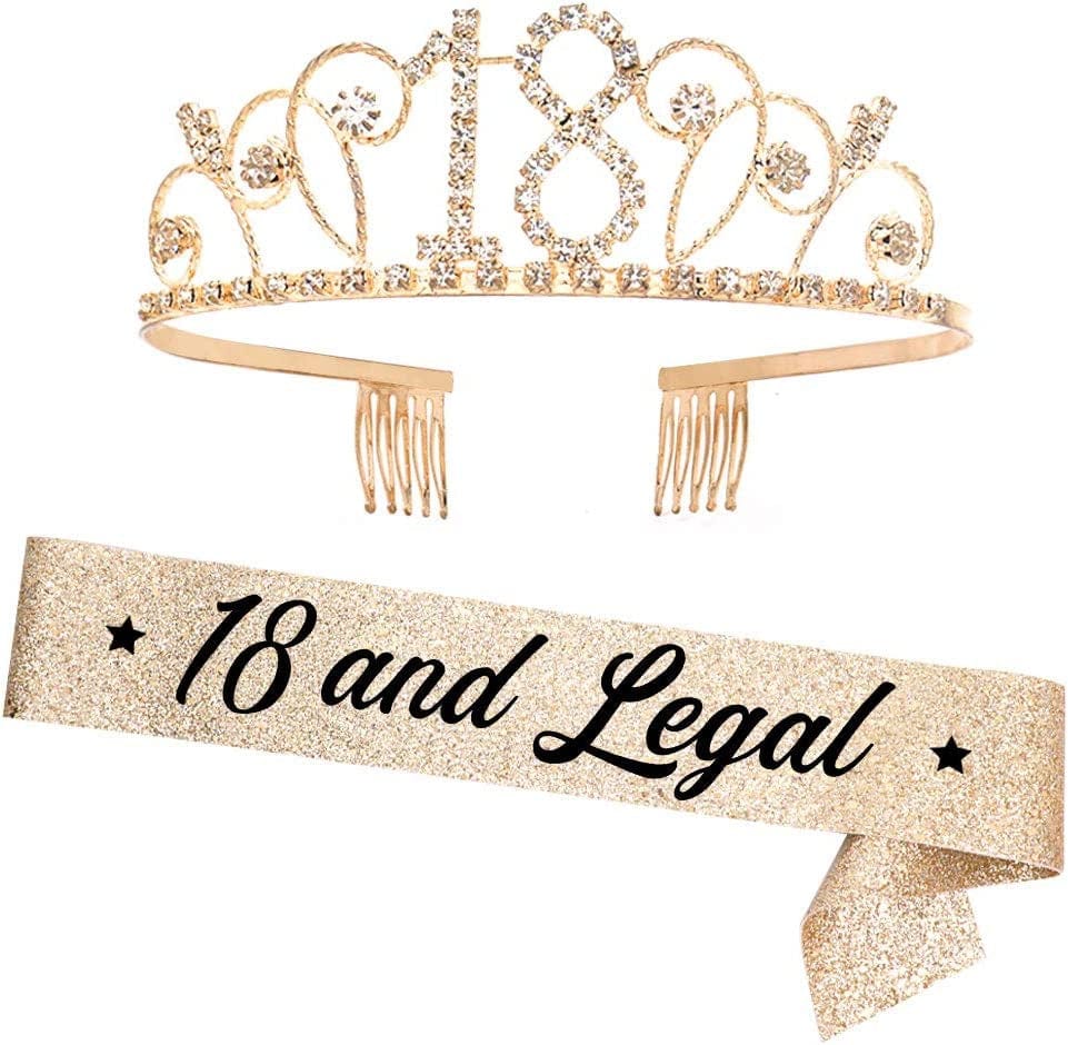 "18 and Legal" Sash and Rhinestone Crown Set - 18Th Birthday Party Gifts Birthday Sash for Girl Birthday Party Supplies Apparel & Accessories > Clothing Accessories > Sashes YULIPS Gold_black  