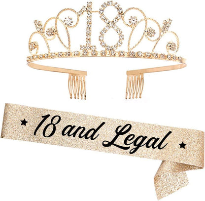 "18 and Legal" Sash and Rhinestone Crown Set - 18Th Birthday Party Gifts Birthday Sash for Girl Birthday Party Supplies Apparel & Accessories > Clothing Accessories > Sashes YULIPS Gold_black  