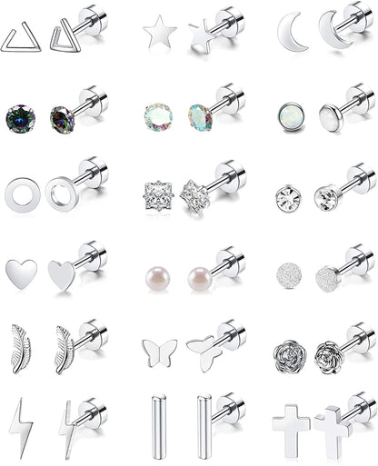 18 Pairs Stainless Steel Stud Earrings Set for Women Men Star Moon Flower Heart Leaf Opal 20G Cartilage Earrings Hypoallergenic Flatback Earrings Piercing Jewelry Apparel & Accessories > Jewelry > Earrings Staligue Silver  
