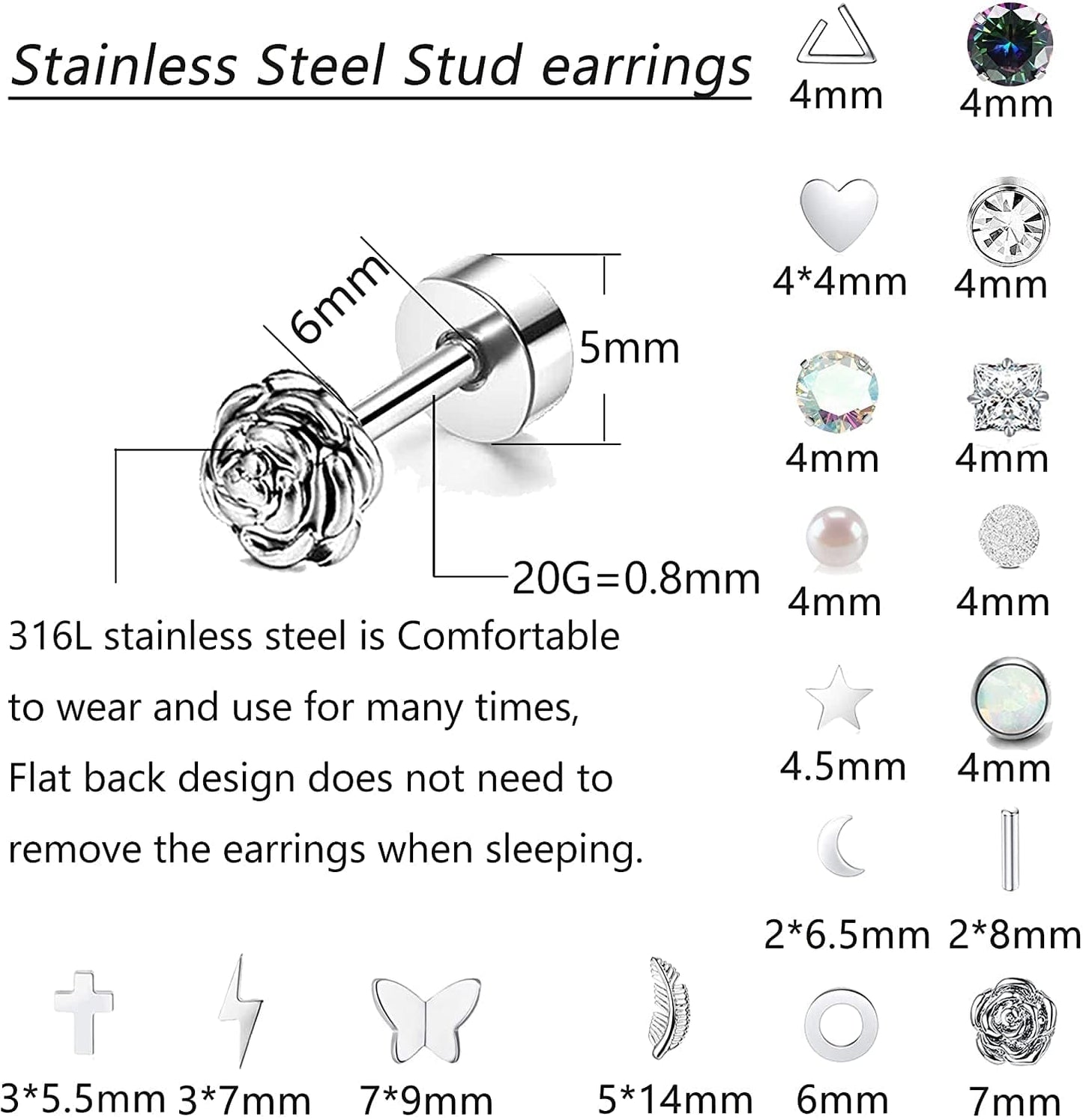 18 Pairs Stainless Steel Stud Earrings Set for Women Men Star Moon Flower Heart Leaf Opal 20G Cartilage Earrings Hypoallergenic Flatback Earrings Piercing Jewelry Apparel & Accessories > Jewelry > Earrings Staligue   