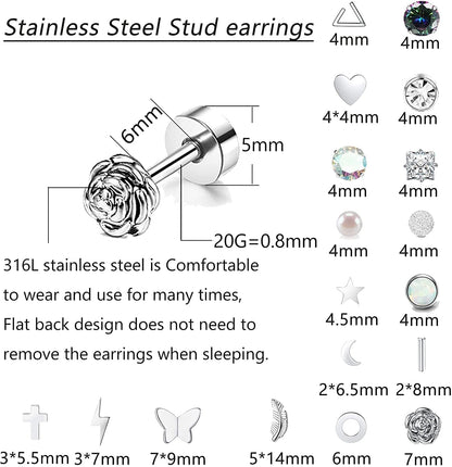 18 Pairs Stainless Steel Stud Earrings Set for Women Men Star Moon Flower Heart Leaf Opal 20G Cartilage Earrings Hypoallergenic Flatback Earrings Piercing Jewelry Apparel & Accessories > Jewelry > Earrings Staligue   