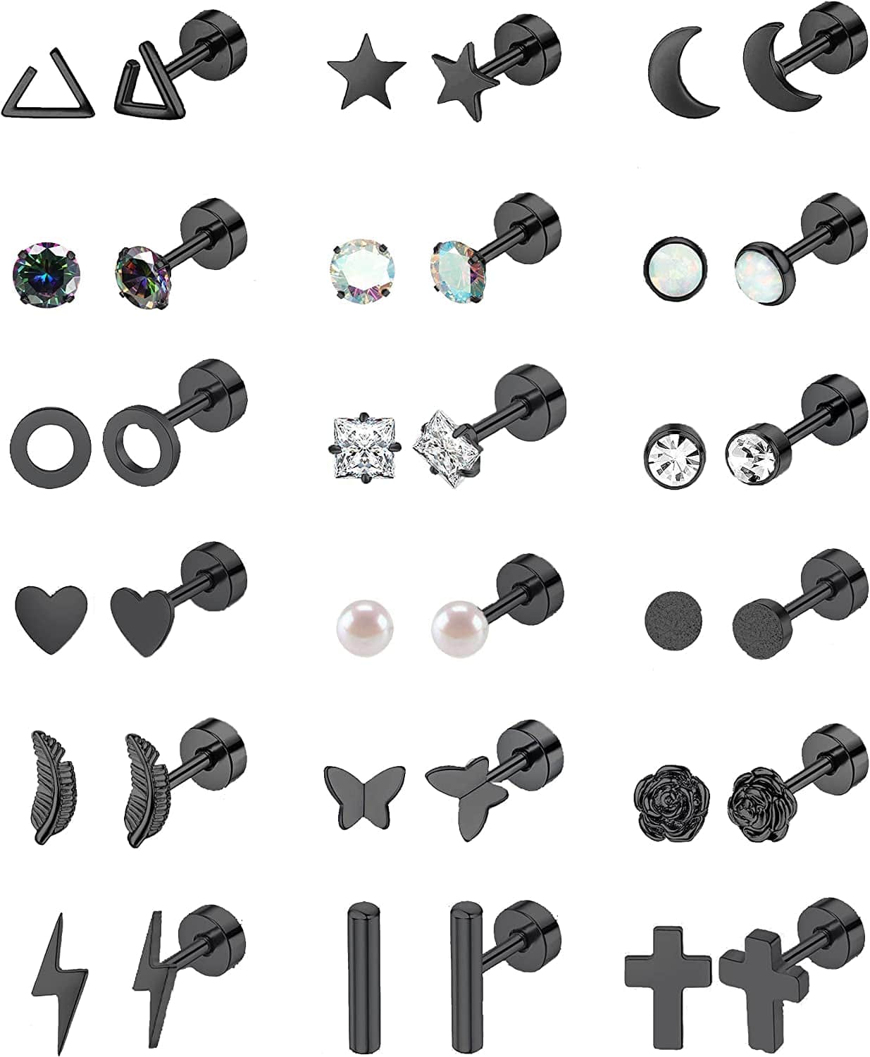 18 Pairs Stainless Steel Stud Earrings Set for Women Men Star Moon Flower Heart Leaf Opal 20G Cartilage Earrings Hypoallergenic Flatback Earrings Piercing Jewelry Apparel & Accessories > Jewelry > Earrings Staligue Black  