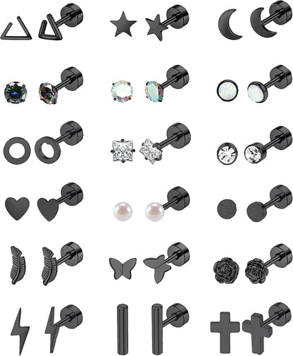 18 Pairs Stainless Steel Stud Earrings Set for Women Men Star Moon Flower Heart Leaf Opal 20G Cartilage Earrings Hypoallergenic Flatback Earrings Piercing Jewelry Apparel & Accessories > Jewelry > Earrings Staligue Black  
