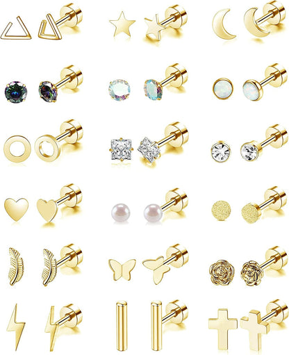 18 Pairs Stainless Steel Stud Earrings Set for Women Men Star Moon Flower Heart Leaf Opal 20G Cartilage Earrings Hypoallergenic Flatback Earrings Piercing Jewelry Apparel & Accessories > Jewelry > Earrings Staligue Gold-Tone  