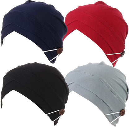 Qianmome 2-4 Pack Beanie with Button for Women Men Nurse,Working Hat,Chemo Caps for Cancer Patients Apparel & Accessories > Clothing Accessories > Headwear Qianmome 1b11-navy&red&black&gray  