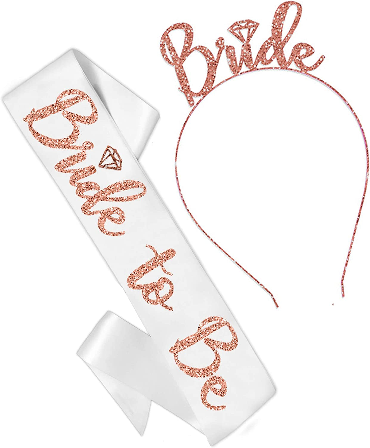Bride Rose Gold Bridal Shower Set - BRIDAL GRADE SATIN White Sash & Rose Gold Diamond Bride Headband, Bride Kit, Bridal Giftset (B2B & HB Rsgld)Wht Apparel & Accessories > Clothing Accessories > Sashes RhinestoneSash A: Bride To Be (White Sash - Rose Gold Bride Headband)  