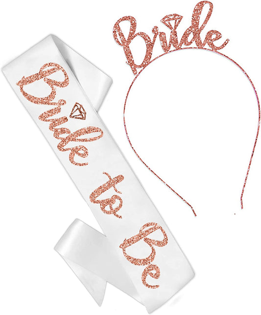 Bride Rose Gold Bridal Shower Set - BRIDAL GRADE SATIN White Sash & Rose Gold Diamond Bride Headband, Bride Kit, Bridal Giftset (B2B & HB Rsgld)Wht Apparel & Accessories > Clothing Accessories > Sashes RhinestoneSash A: Bride To Be (White Sash - Rose Gold Bride Headband)  