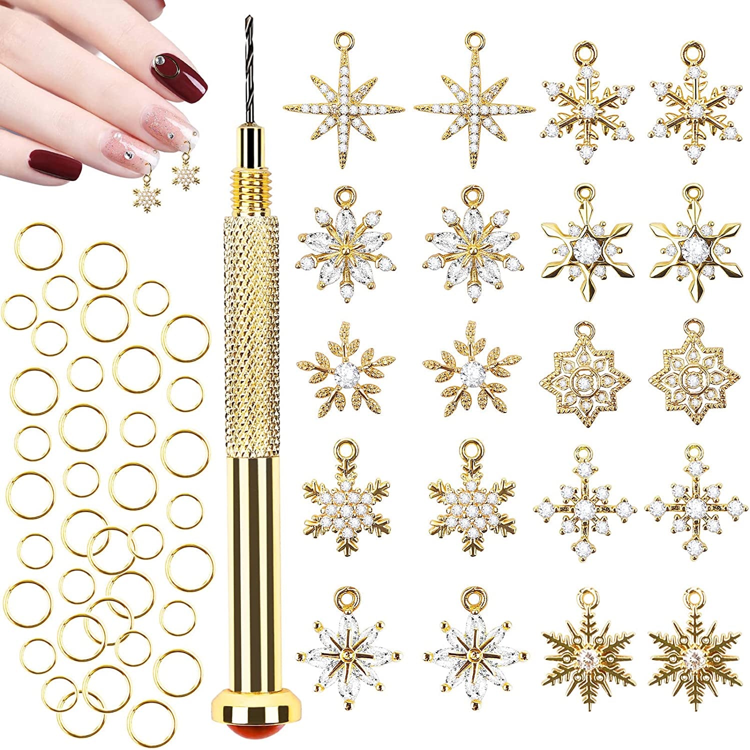 Kalolary Letter Dangle Nail Charm, 3D Piercing Alphabet Rhinestone Alloy Jewelry Hoops with Nail Piercing Tool Hand Drill for Birthday Nail Art Decoration Health & Beauty > Personal Care > Cosmetics > Cosmetic Tools > Nail Tools Kalolary Snowflake 20P  