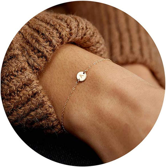 Glimmerst Personalized Initial Bracelet, 18K Gold Plated Stainless Steel Letter Bracelet Dainty Coin Charm Bracelet Delicate Disc Name Bracelet for Women Girls Apparel & Accessories > Jewelry > Bracelets Glimmerst A  