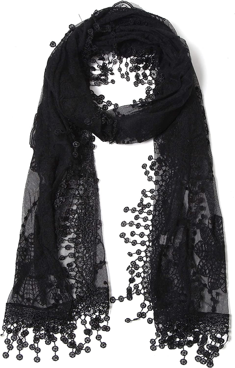 Women'S Lightweight Feminine Lace Teardrop Fringe Lace Scarf Vintage Scarf Mesh Crochet Tassel Cotton Scarf for Women Apparel & Accessories > Clothing Accessories > Scarves & Shawls Tan's Black  