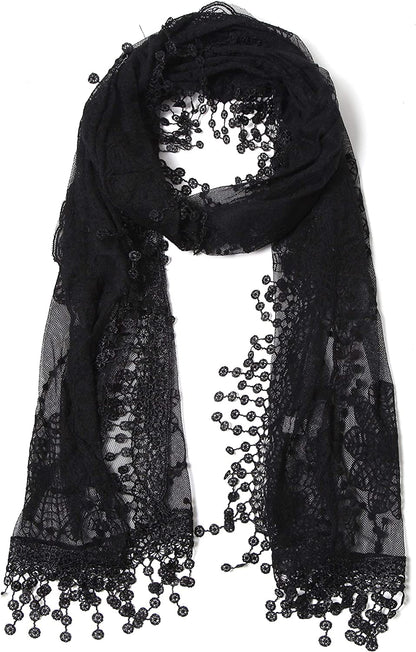 Women'S Lightweight Feminine Lace Teardrop Fringe Lace Scarf Vintage Scarf Mesh Crochet Tassel Cotton Scarf for Women Apparel & Accessories > Clothing Accessories > Scarves & Shawls Tan's Black  
