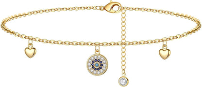 Dainty Ankle Bracelets for Women Girls, 14K Gold Filled Handmade Anklet Tiny Lock Key Star Lightning Crescent Elephant Evil Eye Ankle Bracelets for Women Girls Summer Boho Beach Foot Jewelry Apparel & Accessories > Jewelry > Anklets Yoosteel Hearts&CZ Disc  