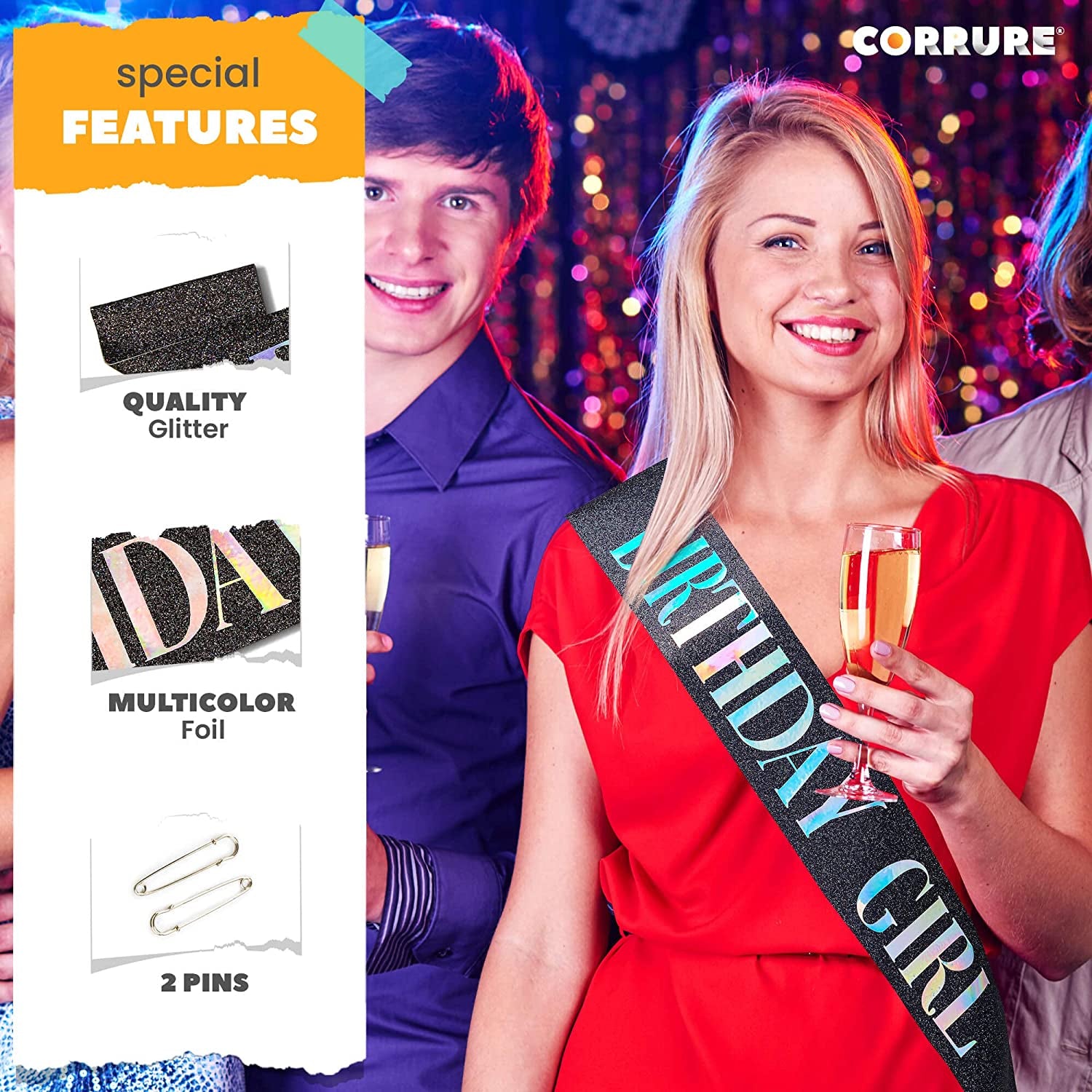CORRURE 'Birthday Girl' Sash Glitter with Multicolor Foil - Black Glitter Happy Birthday Sash for Women - Party Favors Supplies and Decorations for Sweet 16, 18Th 21St 30Th 40Th or Any Bday Party Apparel & Accessories > Clothing Accessories > Sashes CORRURE   