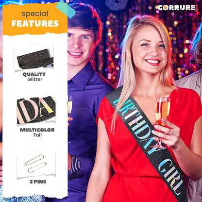 CORRURE 'Birthday Girl' Sash Glitter with Multicolor Foil - Black Glitter Happy Birthday Sash for Women - Party Favors Supplies and Decorations for Sweet 16, 18Th 21St 30Th 40Th or Any Bday Party Apparel & Accessories > Clothing Accessories > Sashes CORRURE   