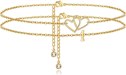 Turandoss Initial Heart Ankle Bracelets for Women, 14K Gold Filled Handmade Layered Initial Anklet Letter Two Heart Ankle Bracelets for Women Girls Beach Jewelry Apparel & Accessories > Jewelry > Anklets Turandoss I  