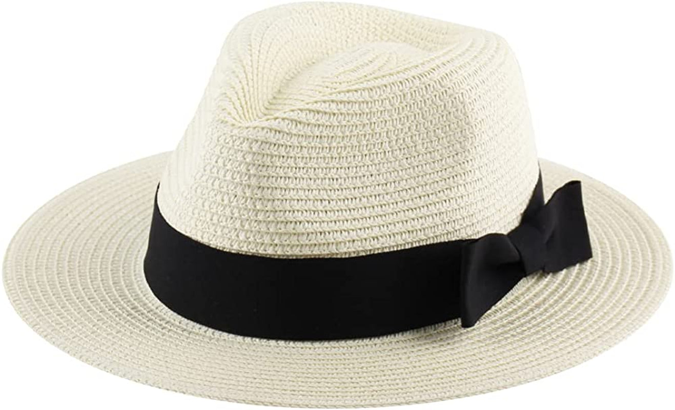 Panama Straw Hats for Women Summer Beach Sun Hat Wide Brim Fedora Cap UPF50+ Apparel & Accessories > Clothing Accessories > Hats KYLIE MAX C02-beige  