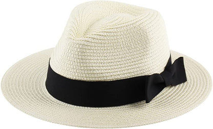 Panama Straw Hats for Women Summer Beach Sun Hat Wide Brim Fedora Cap UPF50+ Apparel & Accessories > Clothing Accessories > Hats KYLIE MAX C02-beige  