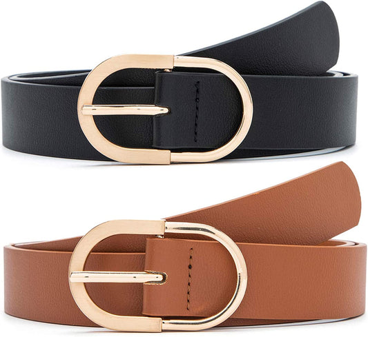 MORELESS 2 Pack Women'S Leather Belts for Jeans Pants with Fashion Center Bar Buckle Apparel & Accessories > Clothing Accessories > Belts MORELESS Golden Buckle(black+brown) Medium: fits waist from 30"-33" 