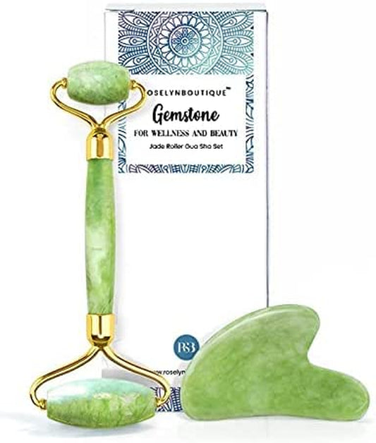 Gua Sha & Face Roller Jade Roller for Face - Natural Healing Crystal Self Care Gifts for Women - Facial Skin Care Tools Muscle Roller Massager Relaxing Relieve Wrinkles (Green) Health & Beauty > Personal Care > Cosmetics > Cosmetic Tools > Skin Care Tools ROSELYNBOUTIQUE Green  