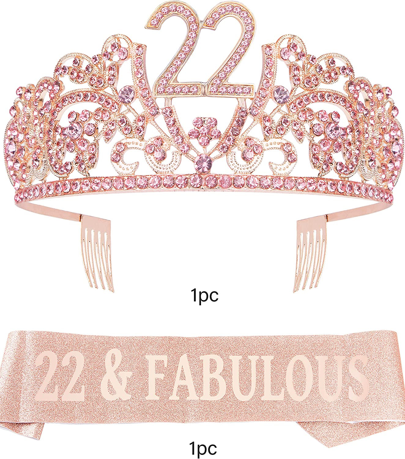 Verymerrymakering 22Th Birthday Sash and Tiara for Girls - Fabulous Set: Glitter Sash + Flowers Rhinestone Pink Premium Metal Tiara for Girls, 22Th Birthday Gifts for 22Th Birthday Party Apparel & Accessories > Clothing Accessories > Sashes VeryMerryMakering   