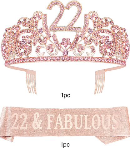 Verymerrymakering 22Th Birthday Sash and Tiara for Girls - Fabulous Set: Glitter Sash + Flowers Rhinestone Pink Premium Metal Tiara for Girls, 22Th Birthday Gifts for 22Th Birthday Party Apparel & Accessories > Clothing Accessories > Sashes VeryMerryMakering   