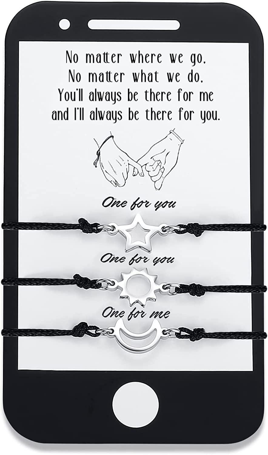 SAM & LORI Unique Matching Bracelets for Best Friends Couples Mother Daughter Son Dad Sisters Brothers-Unisex Adjustable Bracelets- Comes with Cards in Giftable Packing Apparel & Accessories > Jewelry > Bracelets SAM & LORI 2-Sun Moon Star-Black-Phone Shape Card  