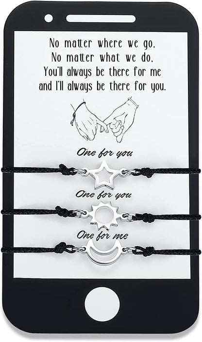 SAM & LORI Unique Matching Bracelets for Best Friends Couples Mother Daughter Son Dad Sisters Brothers-Unisex Adjustable Bracelets- Comes with Cards in Giftable Packing Apparel & Accessories > Jewelry > Bracelets SAM & LORI 2-Sun Moon Star-Black-Phone Shape Card  