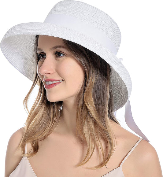Muryobao Womens Sun Straw Hat Summer UV Protection Travel Foldable Brim Bucket Hat Vintage Cloche Beach Fishing Cap Apparel & Accessories > Clothing Accessories > Hats Muryobao White  