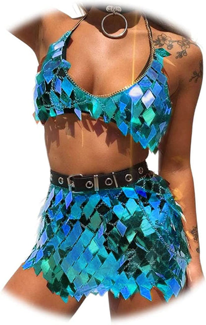 Nicute Festival Body Chain Sequins Tassel Skirt Set Sexy Summer Beach Bikini Bra Body Jewelry for Women and Girls Apparel & Accessories > Jewelry > Body Jewelry Nicute Dark Blue  
