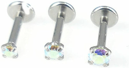 18G 1/4" Triple Forward Helix Stud Earring Stainless Steel Cartilage 2-4Mm Threadless Push Pin Prong Set AB Crystal Aurora Borealis Stone Tragus Ring Apparel & Accessories > Jewelry > Body Jewelry Generic 2,2.5,3mm Stones  