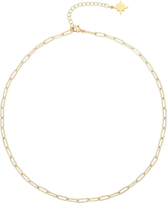 18K Gold Paperclip Chain Choker Satellite Chain Lava Bead Pendant Necklace Dainty Jewelry for Women 16'' Oval Link Chain