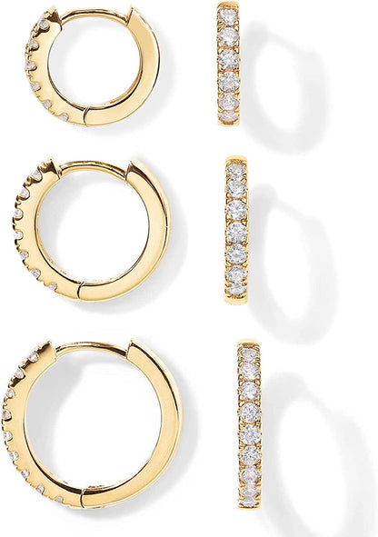 18K Gold Plated 925 Sterling Silver Post, 3 Pairs Small Gold Hoop Earrings Set | Mini Cartilage Helix Huggie Hoop Pack for Women Men 8Mm 10Mm 12Mm Yellow Gold