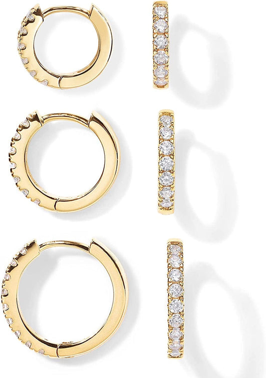 18K Gold Plated 925 Sterling Silver Post, 3 Pairs Small Gold Hoop Earrings Set | Mini Cartilage Helix Huggie Hoop Pack for Women Men 8Mm 10Mm 12Mm Yellow Gold