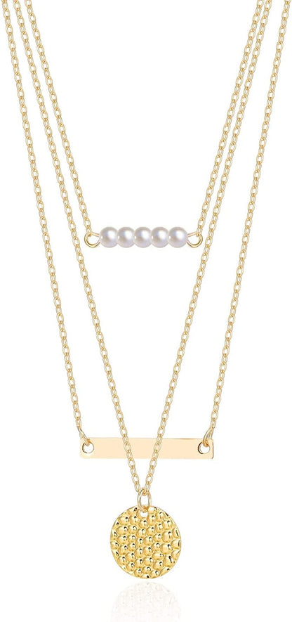 18K Gold Plated Chain Layered Necklaces for Women Statement Chain Pendant Necklace Set Dainty Layered Chain Y Pendant Necklaces for Women Girls Pearl&Bar&Disc Gold