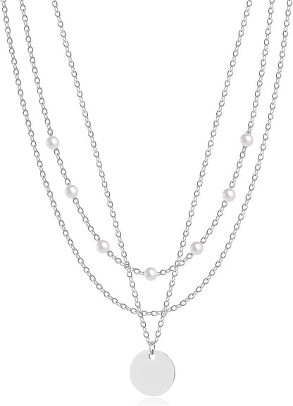 18K Gold Plated Chain Layered Necklaces for Women Statement Chain Pendant Necklace Set Dainty Layered Chain Y Pendant Necklaces for Women Girls Pearl&Disc Sliver