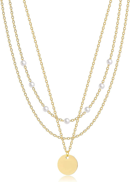 18K Gold Plated Chain Layered Necklaces for Women Statement Chain Pendant Necklace Set Dainty Layered Chain Y Pendant Necklaces for Women Girls Pearl&Disc Gold
