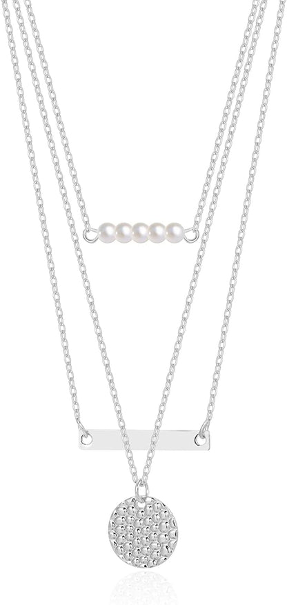 18K Gold Plated Chain Layered Necklaces for Women Statement Chain Pendant Necklace Set Dainty Layered Chain Y Pendant Necklaces for Women Girls Pearl&Bar&Disc Sliver