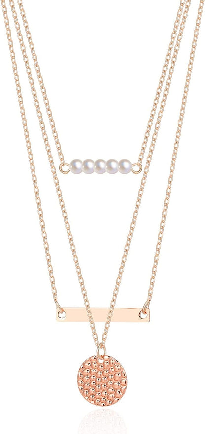 18K Gold Plated Chain Layered Necklaces for Women Statement Chain Pendant Necklace Set Dainty Layered Chain Y Pendant Necklaces for Women Girls Pearl&Bar&Disc Rose Gold