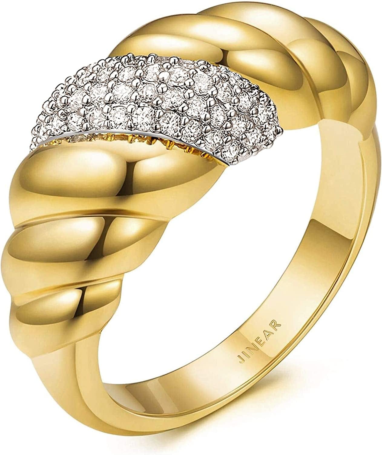 18K Gold Plated Croissant Braided Twisted Signet Chunky Dome Ring Stacking Star Band for Women and Men Statement Wedding Ring Minimalist Jewelry Size 5 to 10 CZ croissant ring-Gold / 10
