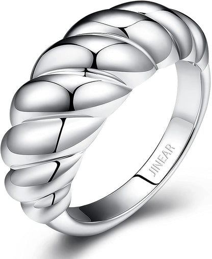 18K Gold Plated Croissant Braided Twisted Signet Chunky Dome Ring Stacking Star Band for Women and Men Statement Wedding Ring Minimalist Jewelry Size 5 to 10 Croissant ring-Silver / 10