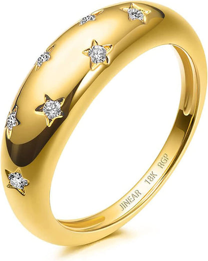 18K Gold Plated Croissant Braided Twisted Signet Chunky Dome Ring Stacking Star Band for Women and Men Statement Wedding Ring Minimalist Jewelry Size 5 to 10 Star dome ring-Gold / 7