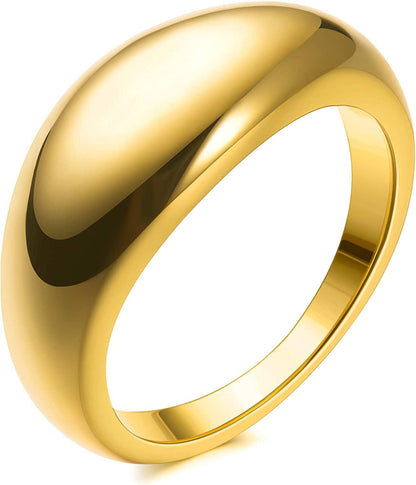 18K Gold Plated Croissant Braided Twisted Signet Chunky Dome Ring Stacking Star Band for Women and Men Statement Wedding Ring Minimalist Jewelry Size 5 to 10 Dome Ring-Gold / 10